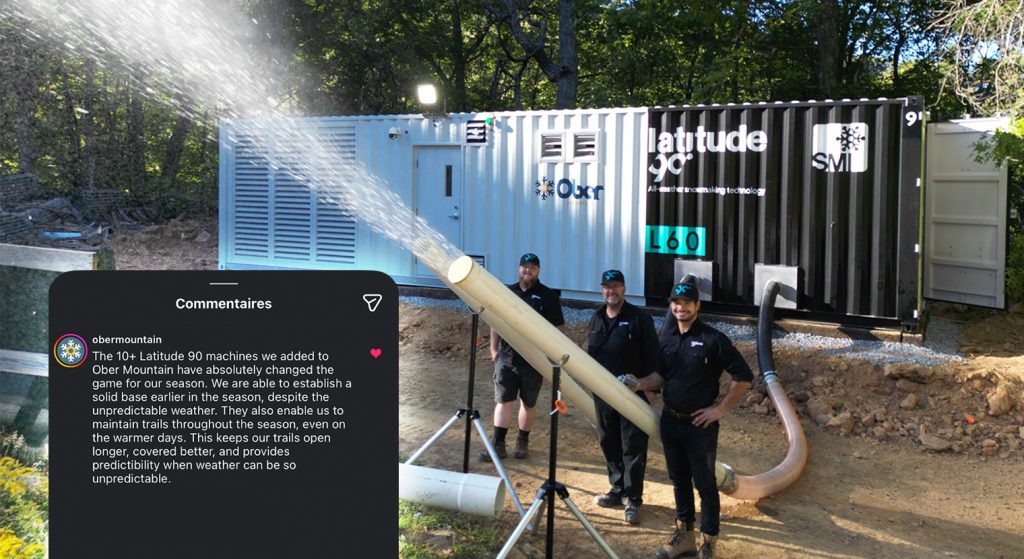 Three Latitude 90 technicians standing in front of a Latitude 90 L60 machine with its cannon blowing snow.