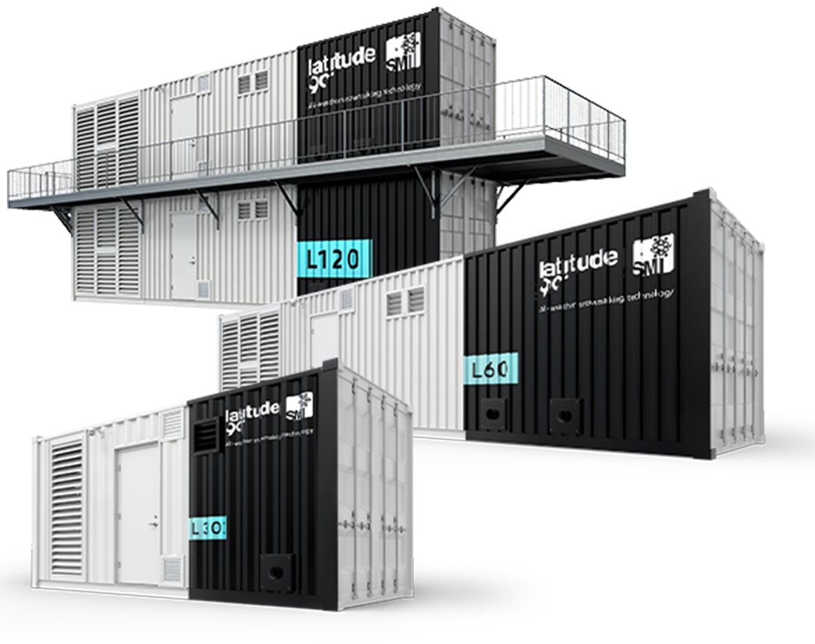 Set of three Latitude 90 L-series snow machines: L30, L60 and L120, in white, black and blue.