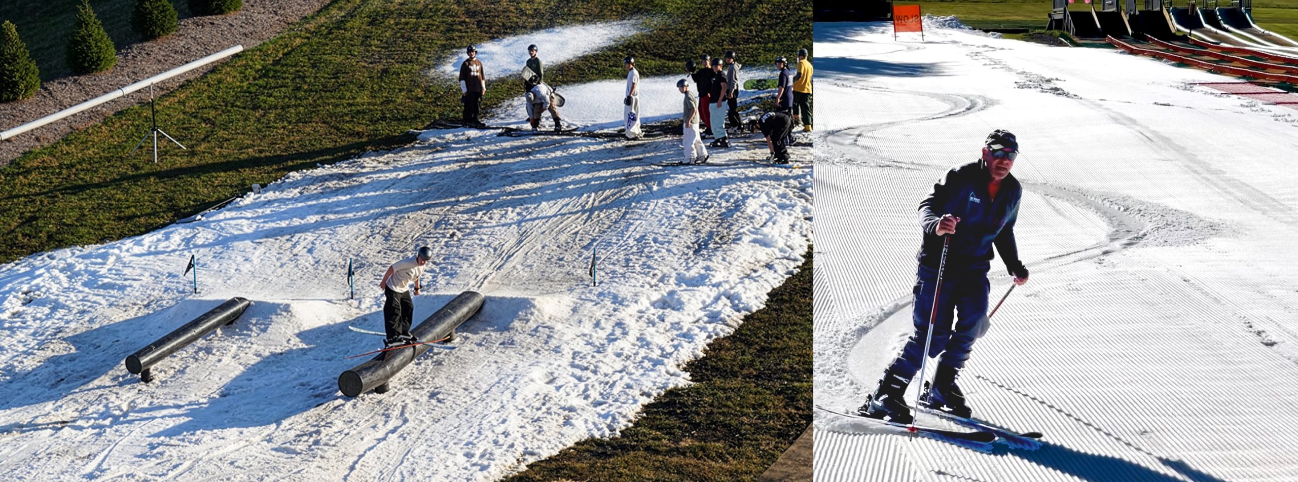 A group of young people are skiing on large black tubes, while next to them, an older man is skiing down a slope.