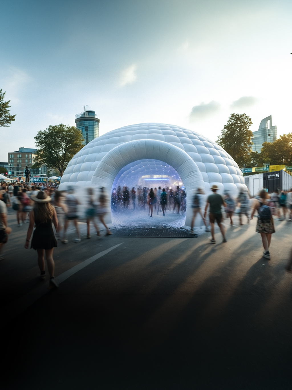Several people walking inside and outside an inflatable igloo with a city in the background