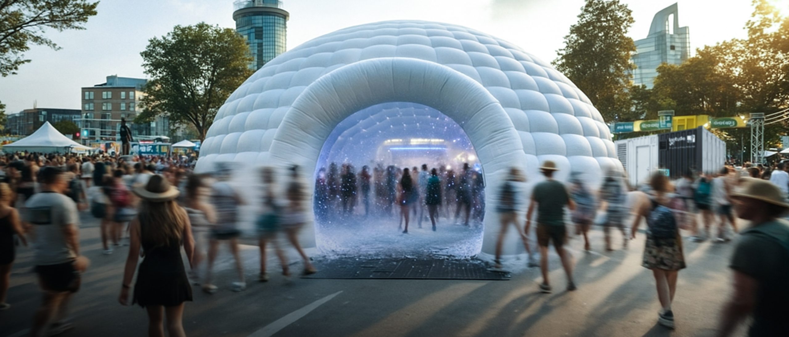 Several people walking inside and outside an inflatable igloo with a city in the background