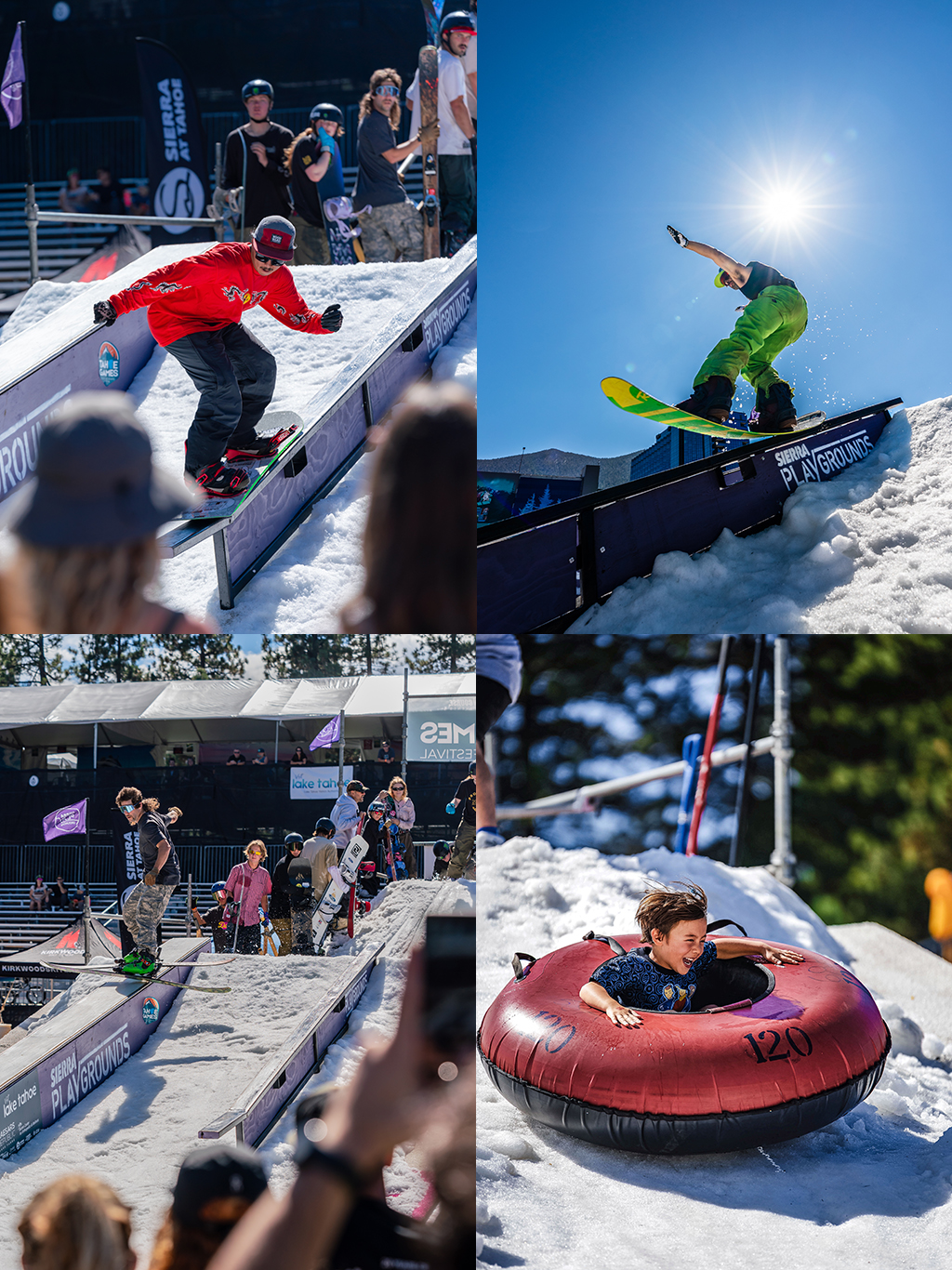Young men and women, dressed in summer clothes, skiing, snowboarding and tubing on the snowy slopes of Ober Mountain.